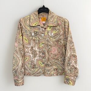 Ruby Rd Petite 14P Paisley Print Button Front Cotton Jacket Brown Floral Cotton